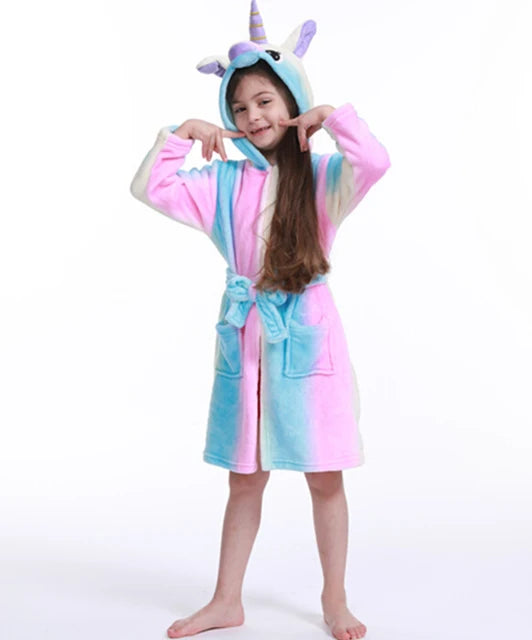 3-12Years Winter Autumn Children's Sleepwear Unicorn Cartoon Bath Robe for Adult Boys Girls Pijamas Hooded Kids Bathrobes