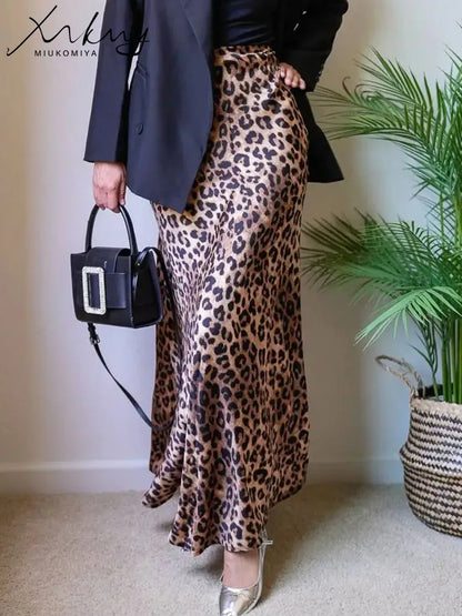 MiuKoMiYa Autumn Satin Leopard Print Maxi Skirt Women High Waist A Line Office Slim Long Leopard Skirt For Women Elegant