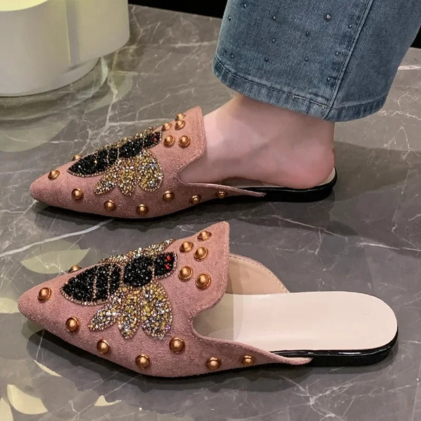 2025 Solid Color Women's Summer New Luxury Rhinestone Brand Designer Sexy Pointed Toe Mules Outdoor Casual Party Dress Flat