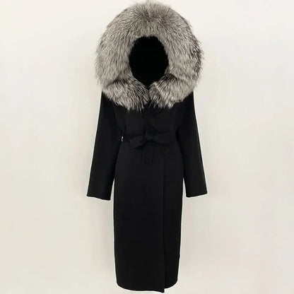 Real Natural Fox Fur Coat Winter Hooded Detachable Collar Fur Jacket Long Woolen Jacket Women Double-faced Casual Overwears