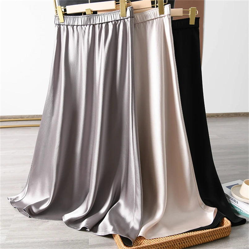 Solid Satin Long Skirts for Women Spring Summer Casual All-match Big Hem A Line Skirts High Waist Maxi Skirt Female Clothes