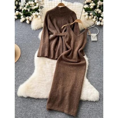 Lazy Style Dress Suit  Women's Inner Base Sleeveless Knitted Dress Strap Waist Long-sleeved Sweater Coat Winter Two-piece Sets