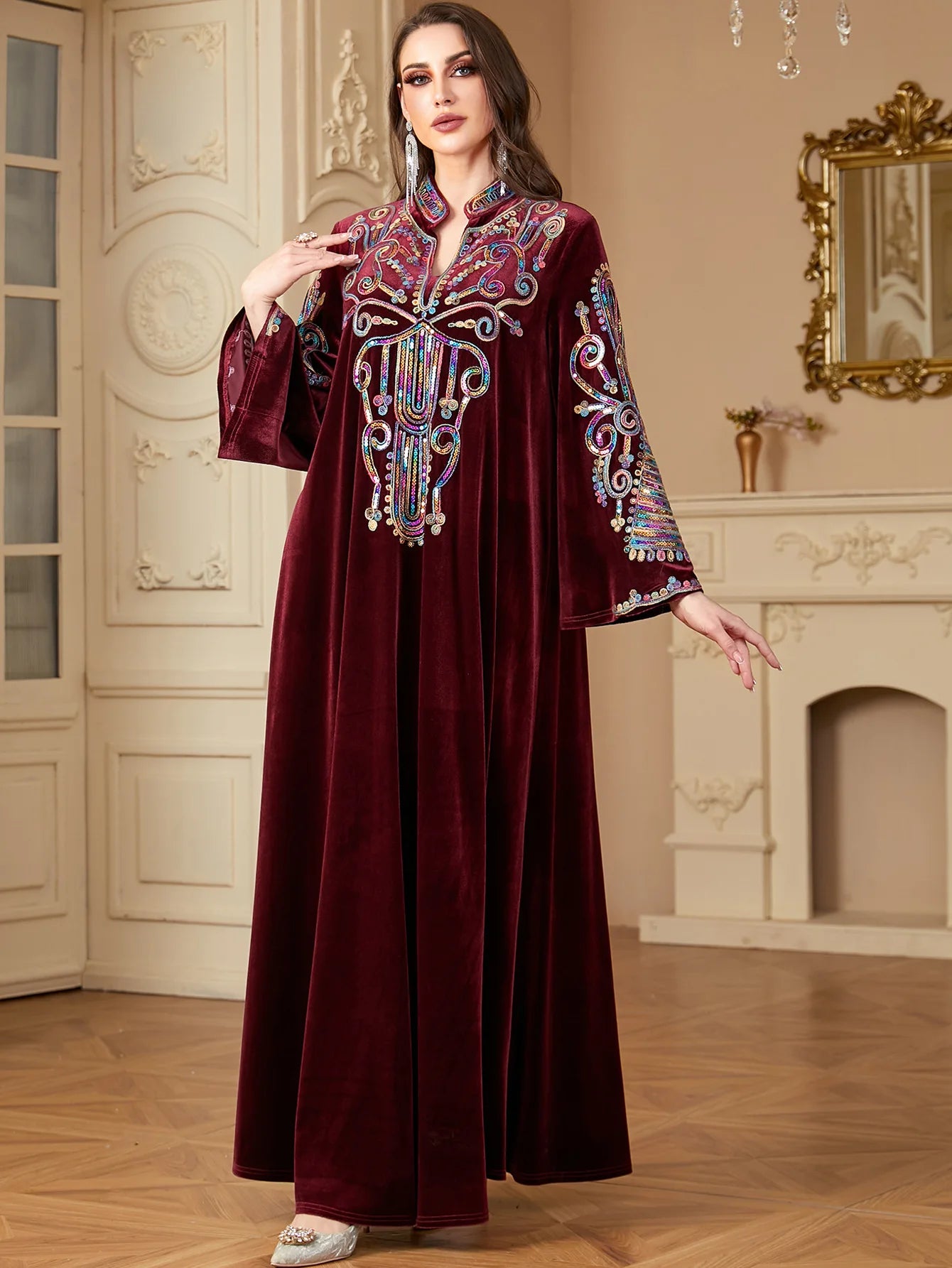 Sequin Embroidery Abayas for Women Eid Muslim Maxi Dress Dubai Kaftan Long Sleeve Winter Velvet Jalabiya Islam Clothing Vestidos