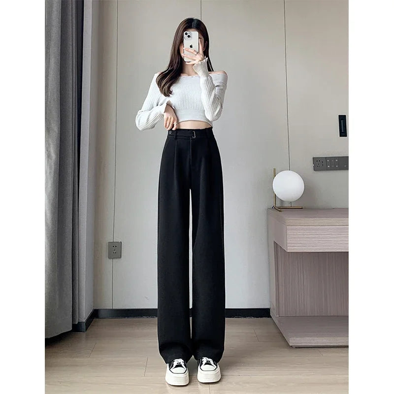 MEXZT Winter Wool Wide Leg Pants Women Streetwear High Waist Suit Straight Pants Korean Thick Black Baggy Woolen Full Trousers