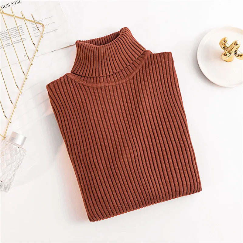 Autumn Winter Women Long Sleeve Knitted Foldover Turtleneck Ribbed Pull Sweater Soft Warm Femme Jumper Pullover Clothes