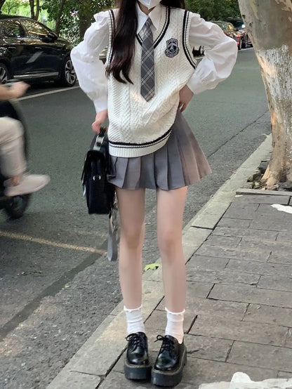 Japanese Cute School Uniform Women Korean Winter Knitting Sweater Skirt Sets V-neck Long Sleeve Jk Uniform School Girl Cosplay