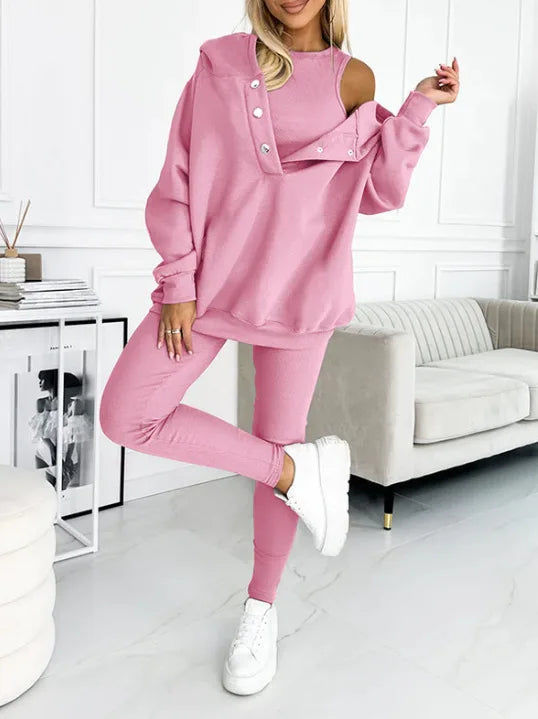 Fashion Hooded Long-sleeved Vest + Sweatshirt Coat + Pants 3-piece Set Women Autumn Winter Solid Color Casual Sports Suit Female