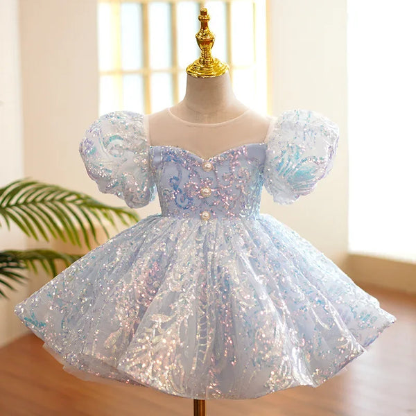 Kids Birthday Party Dresses for Little Girl Size 2 To 14 Years Prom Sequin Dress 2025 Luxury Gowns Sky Blue Evening Formal Frock