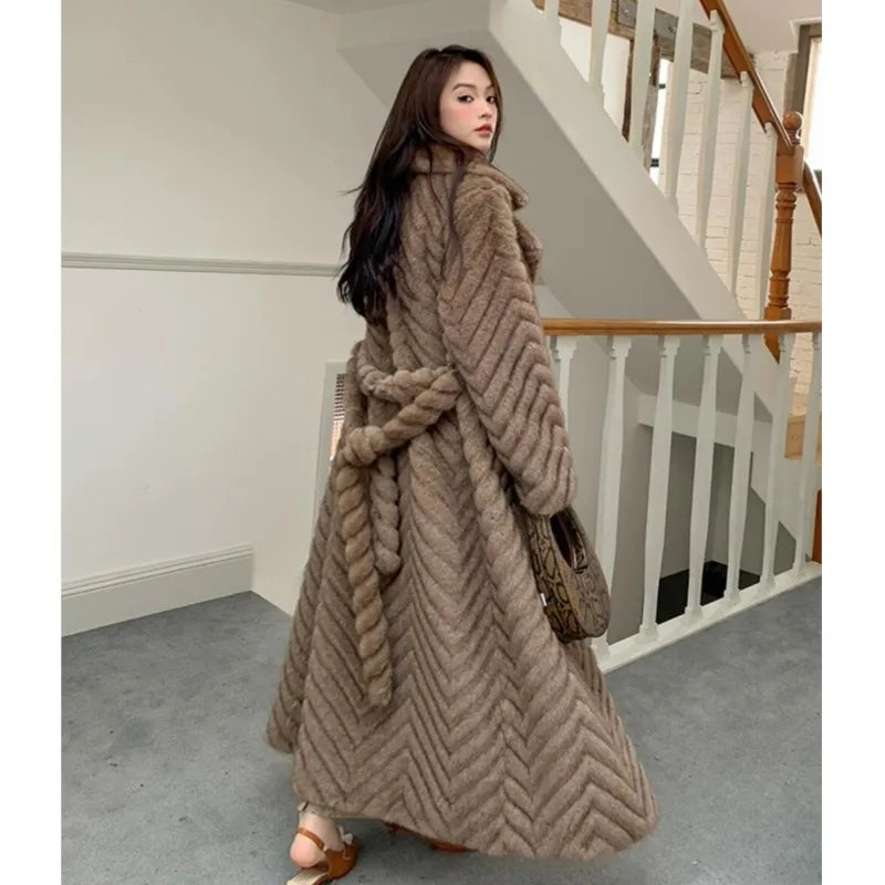 Winter Brown Embossing Wave Strip Pattern Faux Mink Fur Coat CHIC Women Bow Sashes Full Sleeve Loose Warm X-Long Outerwear