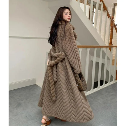 Winter Brown Embossing Wave Strip Pattern Faux Mink Fur Coat CHIC Women Bow Sashes Full Sleeve Loose Warm X-Long Outerwear