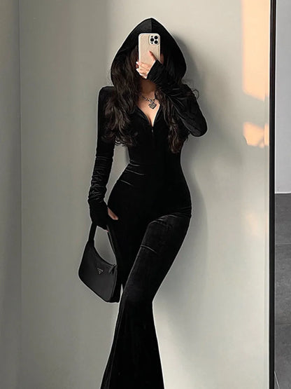 TVVOVVIN  Fashion Black Velvet Slim Hooded Zipper Long Sleeve Flare Pants Jumpsuit Rompers Korean Sexy Hot Tops