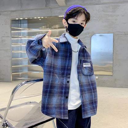 Child Winter Plaid Thermal Shirt For Boy Warm Clothes Top With Pocket Kids Casual Thick Insulated Blouse Age 5 7 9 11 13 14 Year