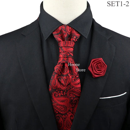 New Men's Premium Paisley Tie Brooch Set Red Black Blue Ajustable Neck Tie Luxury Classic Suit Tuxedo Groom Wedding Accessories