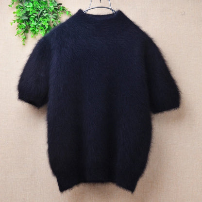 Ladies Women Fall Winter Clothing Hairy Angora Rabbit Hair Knitted Sleeveless Turtleneck Slim Blouses Vest Mink Fur Sweater