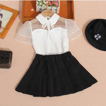 New Fashion Chiffon Blouse for Kids Girls Summer Children White Short Sleeve Shirts Teenage Turn-down Collar Lace Basic Tshirts