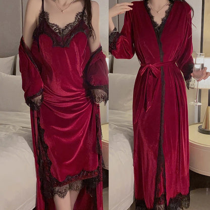 Women Warm Velour Homewear Long Kimono Robe Cami Sleepwear Burgundy Bathrobe Set Sexy Nightgown Winter Robe Suit Loungewear