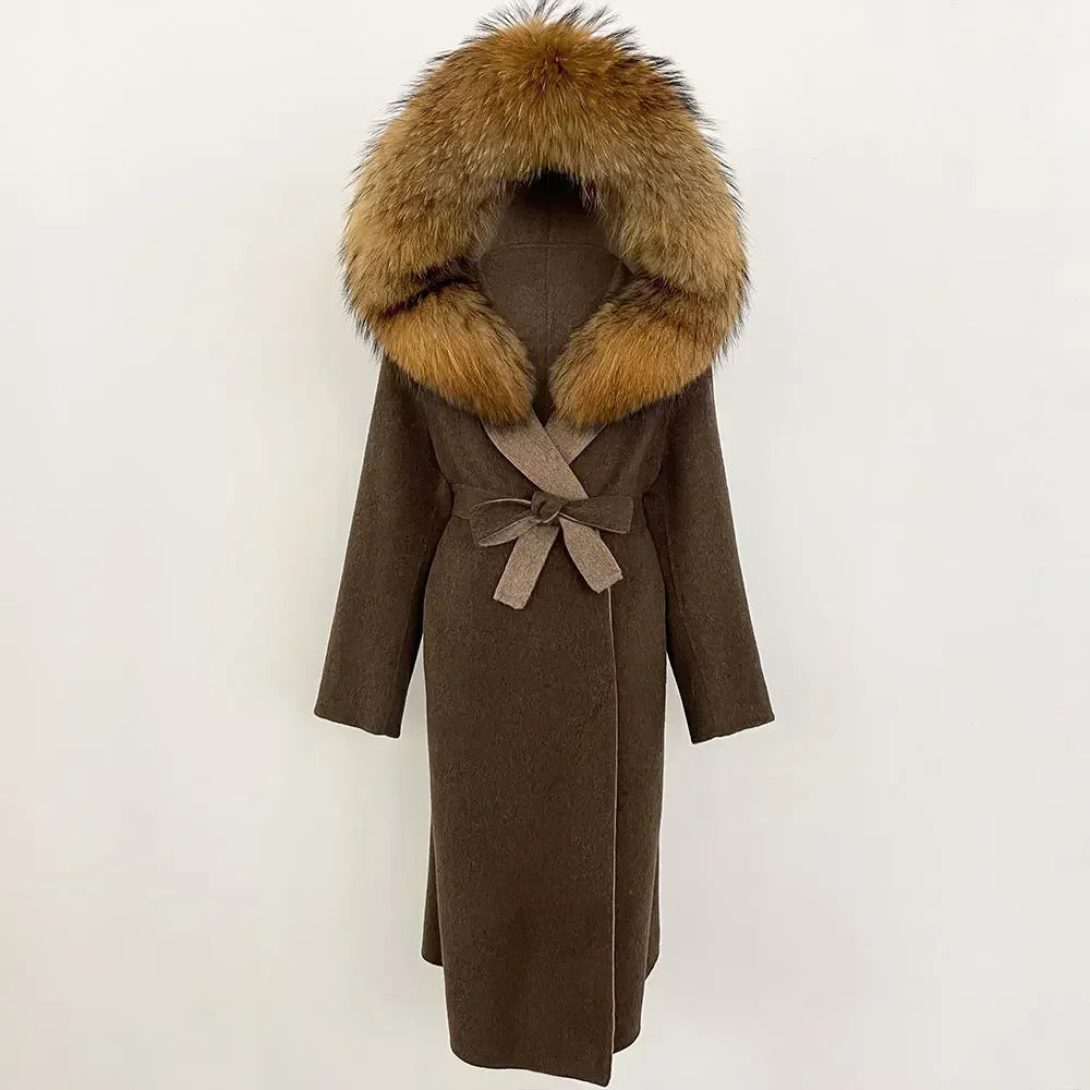 Real Natural Fox Fur Coat Winter Hooded Detachable Collar Fur Jacket Long Woolen Jacket Women Double-faced Casual Overwears