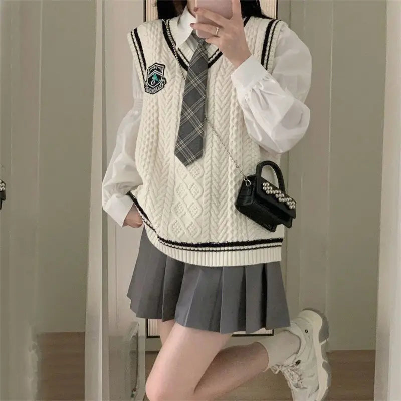 Japanese Cute School Uniform Women Korean Winter Knitting Sweater Skirt Sets V-neck Long Sleeve Jk Uniform School Girl Cosplay