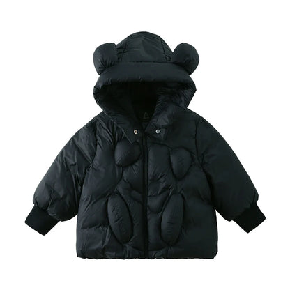 Amila Baby Down Jacket 2025 Winter New Style Boys And Girls Solid Color Bear Hooded Basic Warm Loose Casual Children’s Jacket