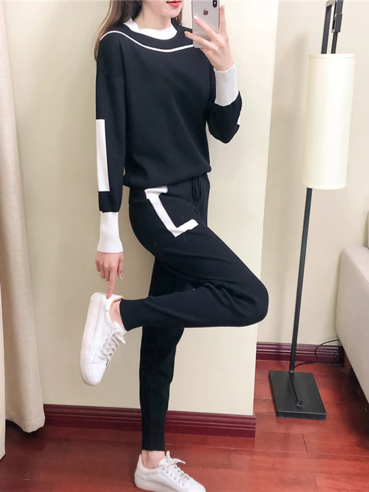 Winter Women Knitted 2 Pieces Set Muslim Casual Thicken Pullover Sweater +Knitted Pant 2PCS Suits Outfit Sport Warm Set 2024