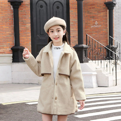 Winter Beige Thick Long Jackets Little Kid's Girls Coat Breasted Woolen Overcoat Cotton Trench Jackets Teenage Girl Coat 2-16Y