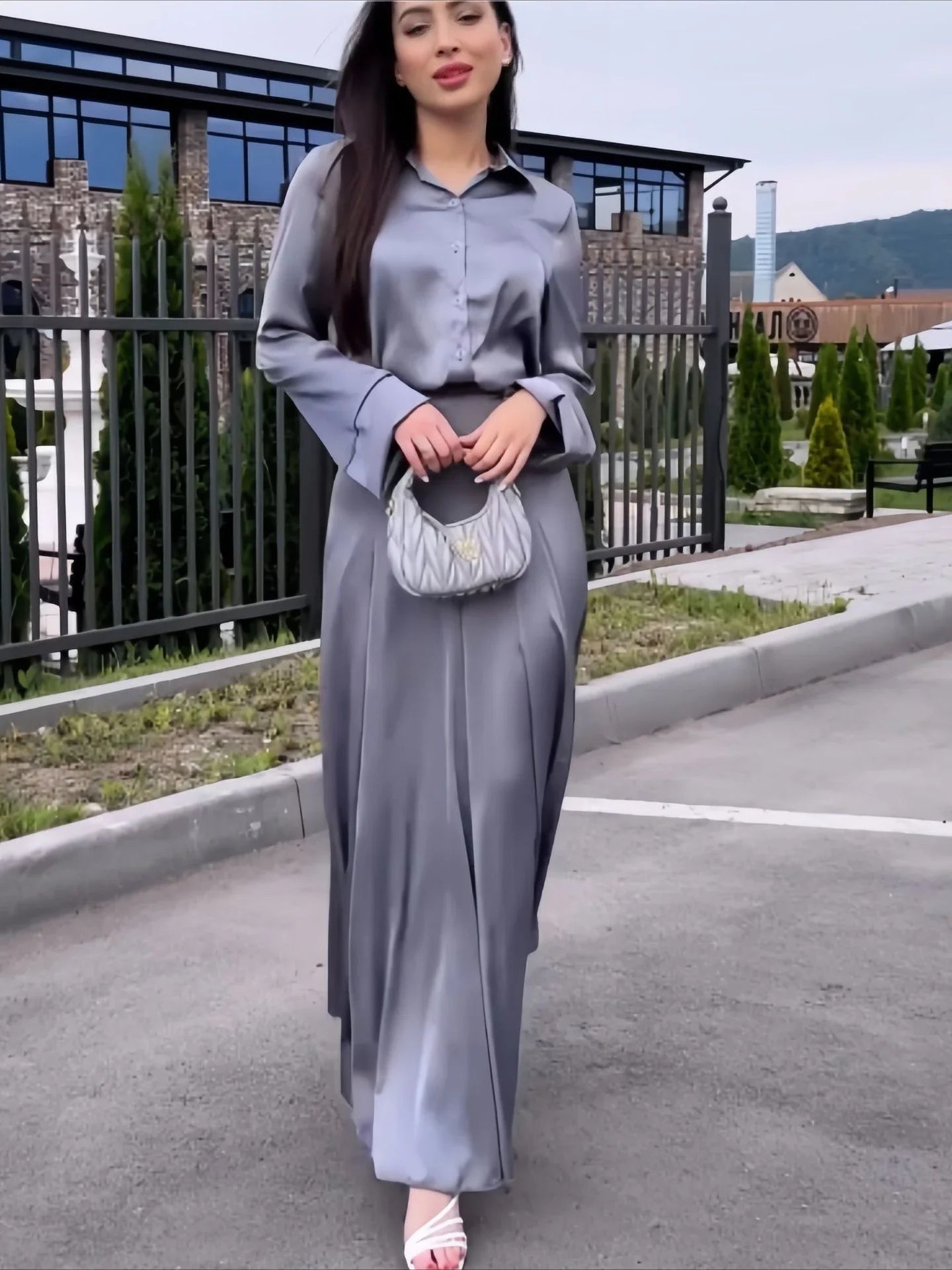 Muslim Women Two Piece Skirt Sets Full Sleeve Shirts Button High Waist A Line Long Skirts Slim Fit Solid Splice Autumn