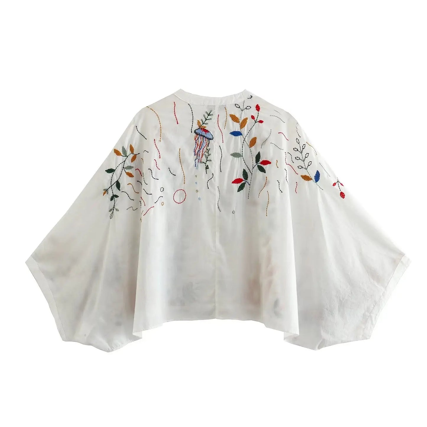 Maxdutti Moroccan Bohemia Women Blouse Retro Cotton Top Bat Sleeve Loose Kimono Embroidered Shirt