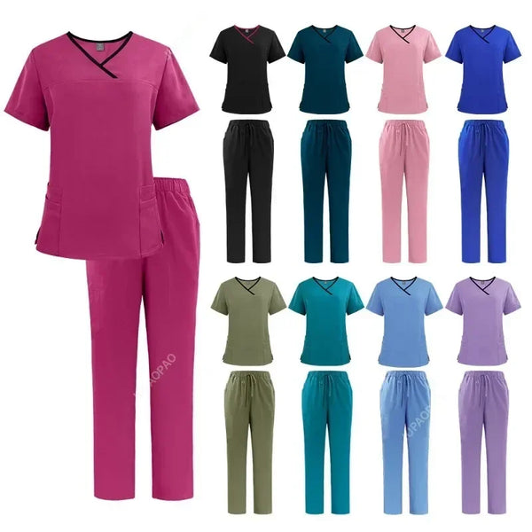 Medical Uniform Trendy Women's Scrub Set Stretch Soft Y-Neck Top Pants Hospital  Pet Clinic Doctor Costume Contrasting Colors