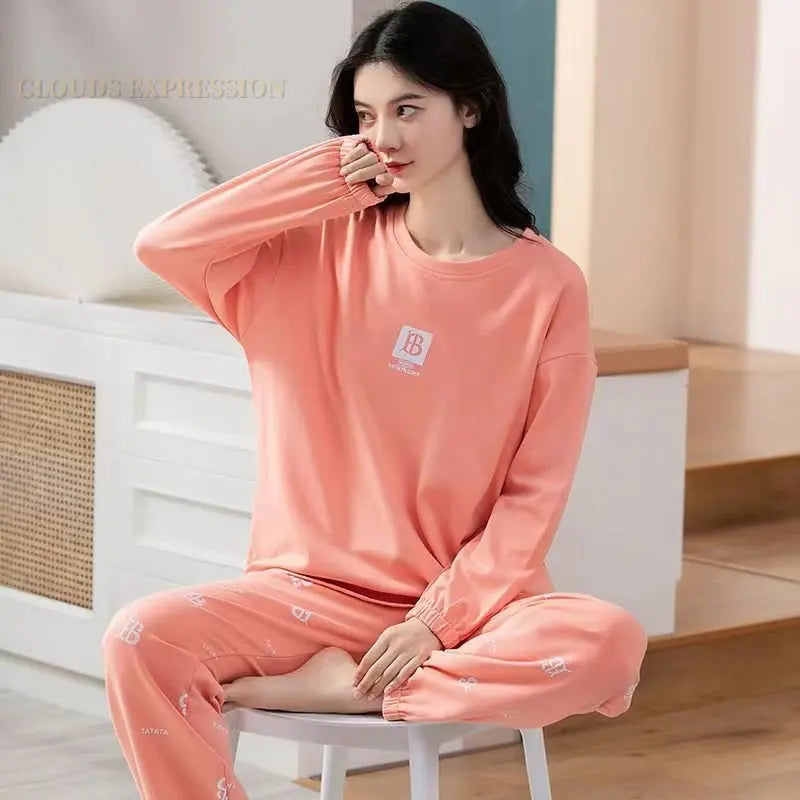 Spring Autumn Big Size 5XL Women Polyester Pajamas Plaid Sleepwear Long-sleeved Homewear Sets Womens Simple Loose Casual Pijamas