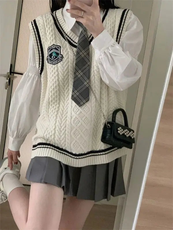 Japanese Cute School Uniform Women Korean Winter Knitting Sweater Skirt Sets V-neck Long Sleeve Jk Uniform School Girl Cosplay