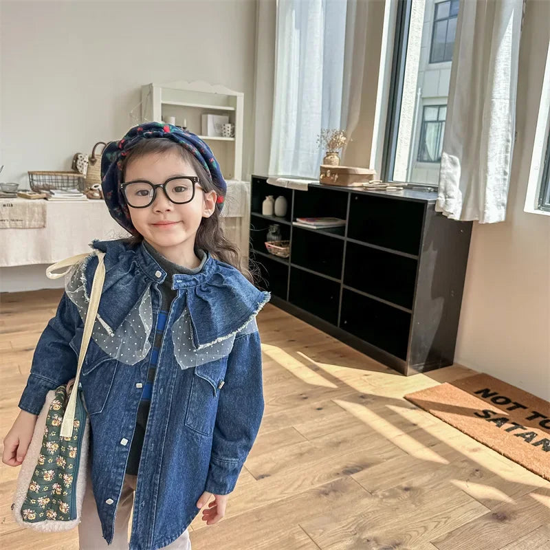 2025 Winter Autumn Little Girls Denim Jacket Korean Style Children's Warm Long Sleeve Coat Tops Kids Lace Blouse Cardigan Jacket