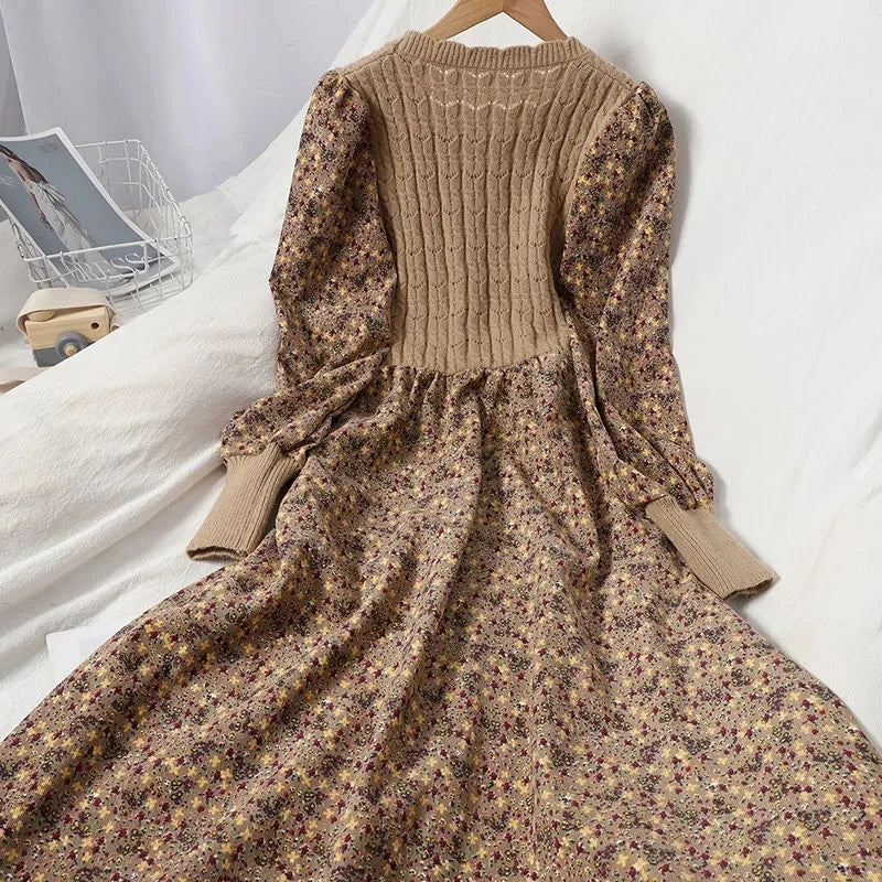 Autumn Winter New Korean Patchwork Bandage Long Sleeved Knitted Dress Women's Fashion Slim Sweet Corduroy Flower Dresses