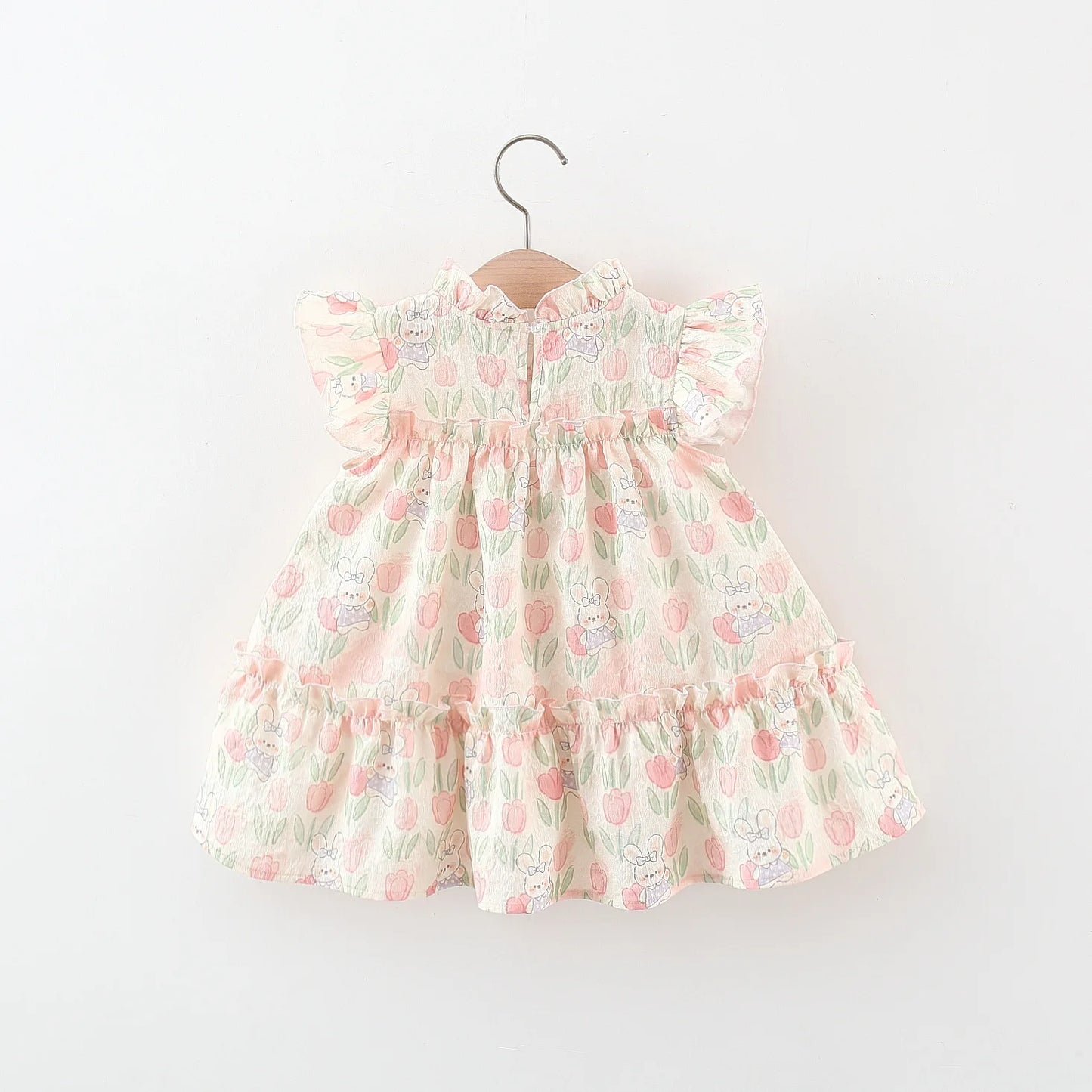 Summer Covered In Tulip Flowers Rabbit Little Flying Sleeve Dress For Kids Girl Cute Princess Dress For Baby Kids