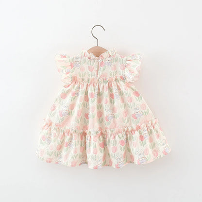 Summer Covered In Tulip Flowers Rabbit Little Flying Sleeve Dress For Kids Girl Cute Princess Dress For Baby Kids