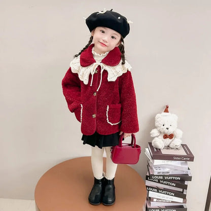 Girls Plus Velvet Thickened Coat Autumn and Winter New Style Little Girl Coat Autumn and Winter Lace Large Lapel Wool Sweater