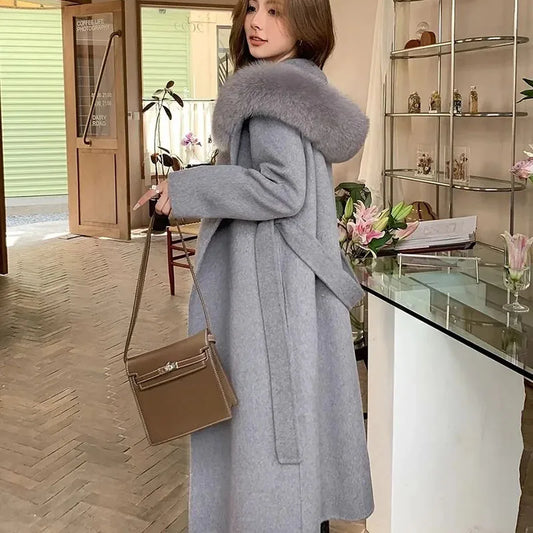 Overcoat 2024 New Fashion Women's Women's Woolen Coat Winter Temperament Large Fur Collar Solid Color Women's Woolen Coat H87