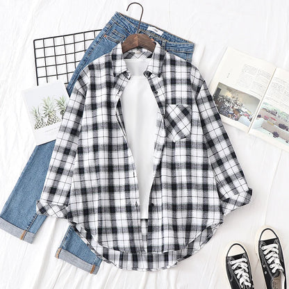 New Fashion Loose Womens Plaid Shirt Fresh College Style Design Blouses And Tops Long Sleeve Casual Female Checked Clothes