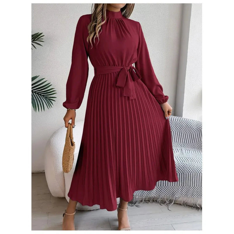 Autumn and winter elegant stand up collar long sleeved waist cinched pleated long skirt small dress women's solid color dress