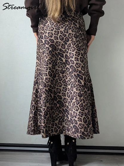 Winter Leopard Print Suede Skirt Long Women Autumn Vintage A Line Brown Maxi Skirts For Women Winter Warm Suede Leopard Skirts