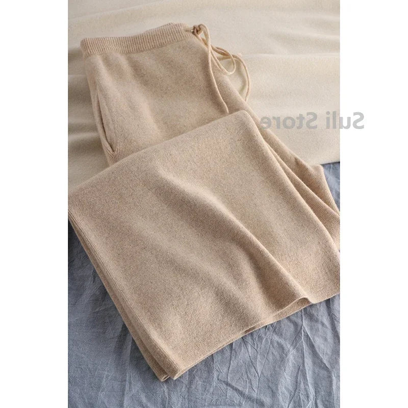 White Woolen Knitted Trousers Wide-Leg Pants Wool Pants Autumn Women's Autumn and Winter Spring and Autumn Straight Casual