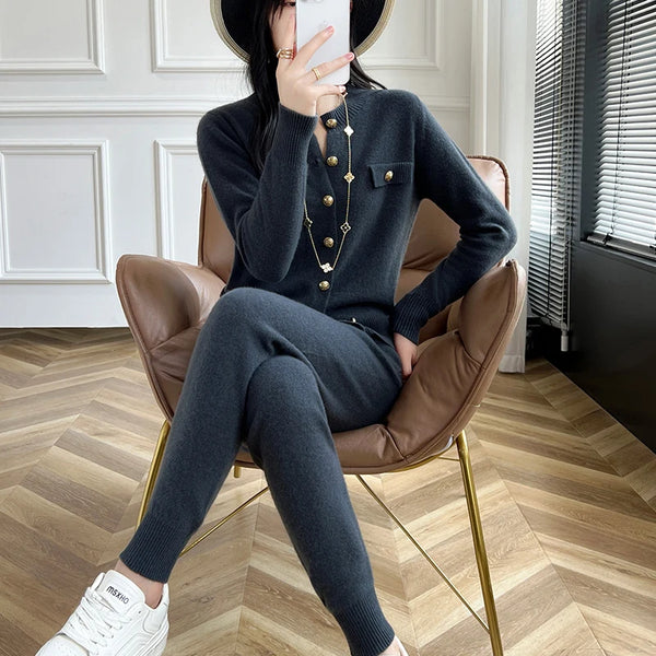 Fashion Two-piece Suit 100% Cashmere Suit Women's Round Neck Cardigan Casual Pants Autumn/Winter New Solid color Female Set