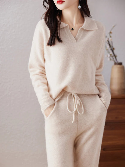 Autumn and Winter Cashmere Sweater Women's Suit Lapel Knit Pullover Fashion Straight Leg Small Foot Pants Luxury Two-Piece Set