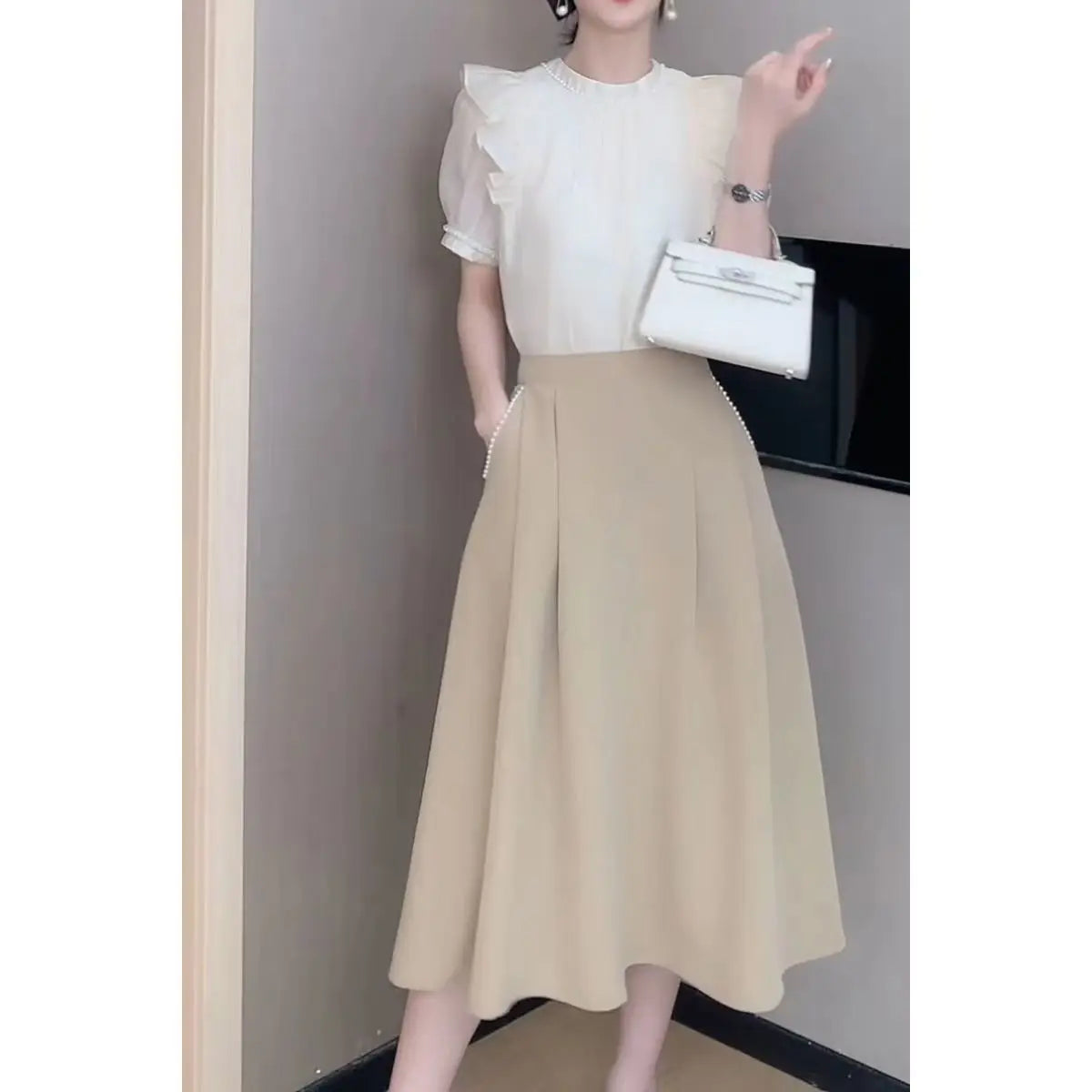 High-end Satin Gentleness Suit Women's Summer New French Stand-up Collar Panel Ruffle Top A-line Skirt Two-piece Set