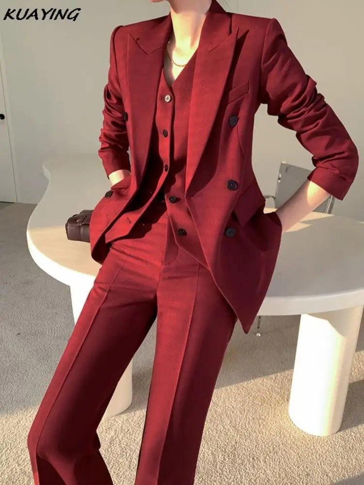 Korean Fashion Burgundy Business Blazer 3 Pieces Set Elegant Casual Jackets Coat Sleeveless Vest + Pant Suit Female Clothes New