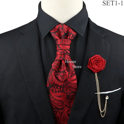 New Men's Premium Paisley Tie Brooch Set Red Black Blue Ajustable Neck Tie Luxury Classic Suit Tuxedo Groom Wedding Accessories