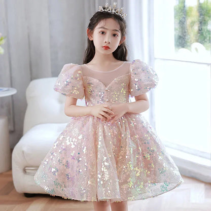 Kids Birthday Party Dresses for Little Girl Size 2 To 14 Years Prom Sequin Dress 2025 Luxury Gowns Sky Blue Evening Formal Frock