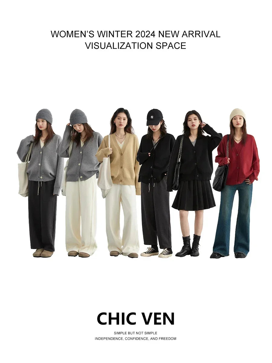 CHIC VEN Women Cardigan Loose V-neck Female Sweater Long Sleeved Knit Top for Girl Korean Popular Clothes Spring Autumn 2024