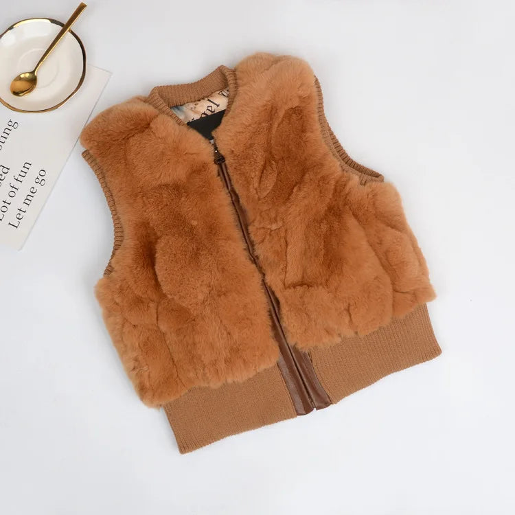 Autumn Winter Fur Vest Ladies Fur Coat Woman Vest Children Short Rex Rabbit Fur Womens Tops And Blouses Boys Girls Parent-child