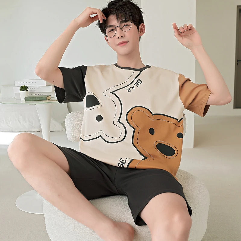 2025 Summer Men’s Sleepwear Cotton Cartoon Pajamas Sets For Man Short Loungewear Young Home Wear Fasion Student Pyjama Set Homme