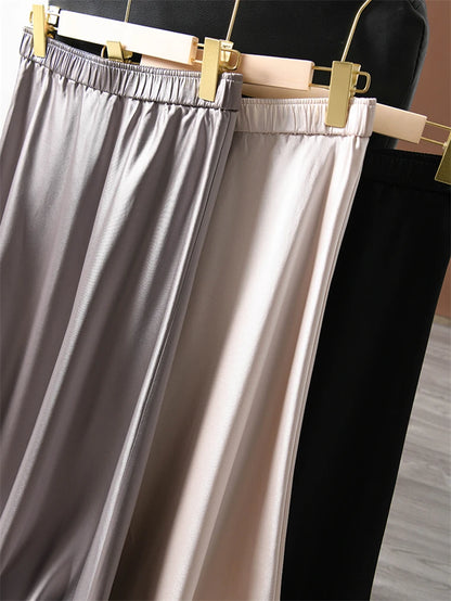 Solid Satin Long Skirts for Women Spring Summer Casual All-match Big Hem A Line Skirts High Waist Maxi Skirt Female Clothes